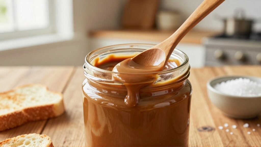 A wooden spoon rests in a glass jar of glossy dulce de leche on a wooden tabletop.