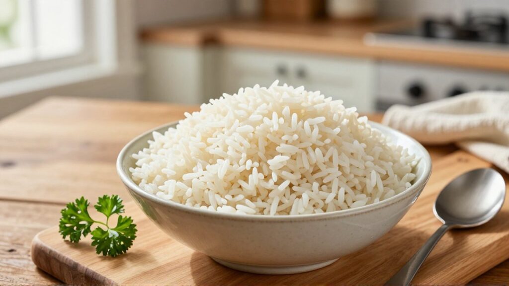 Steaming long-grain white rice in a ceramic bowl sits on a rustic wooden table next to a small sprig of parsley.