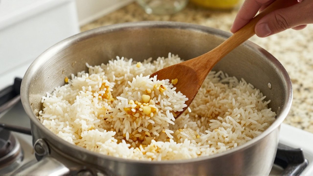 A hand uses a wooden spoon to sauté white rice with garlic and onion in a stainless steel pot.