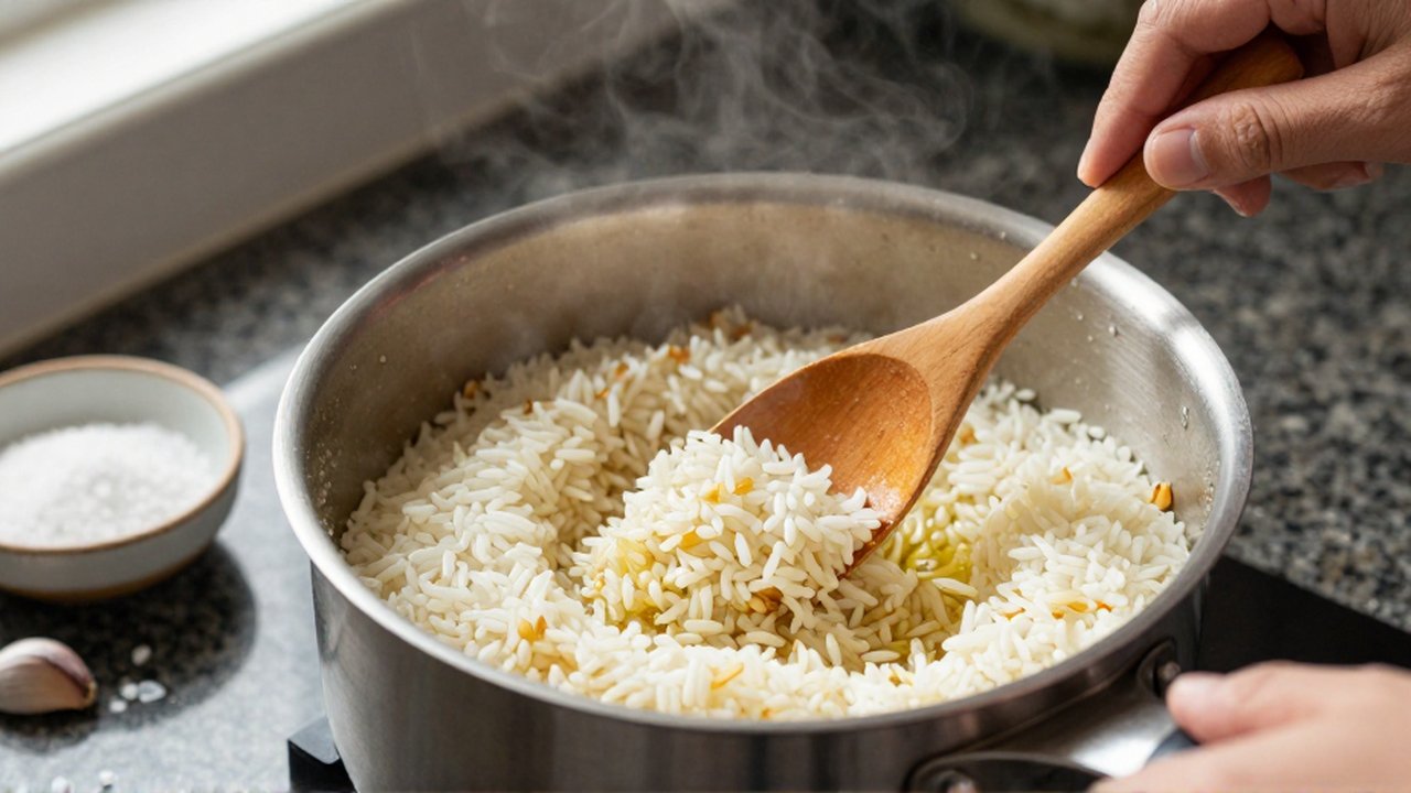 A hand uses a wooden spoon to sauté long-grain rice in a stainless steel pot.