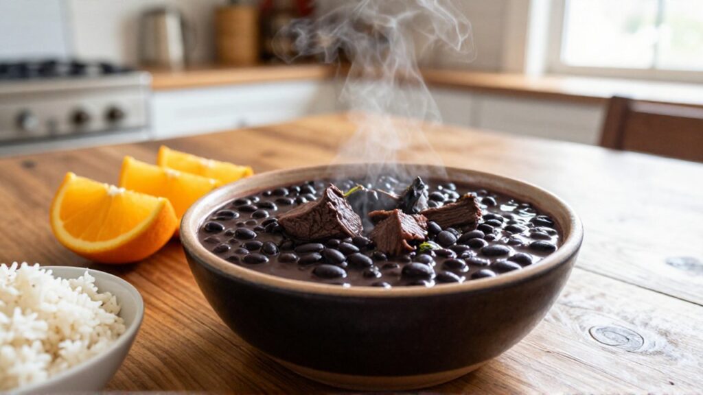 A steaming bowl of black bean stew with beef sits on a wooden table alongside orange slices and white rice.