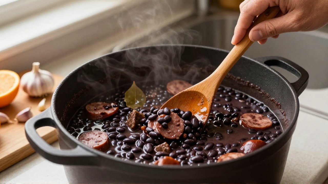 Hands stir a simmering stew of black beans, beef, and sausage in a dark ceramic pot.
