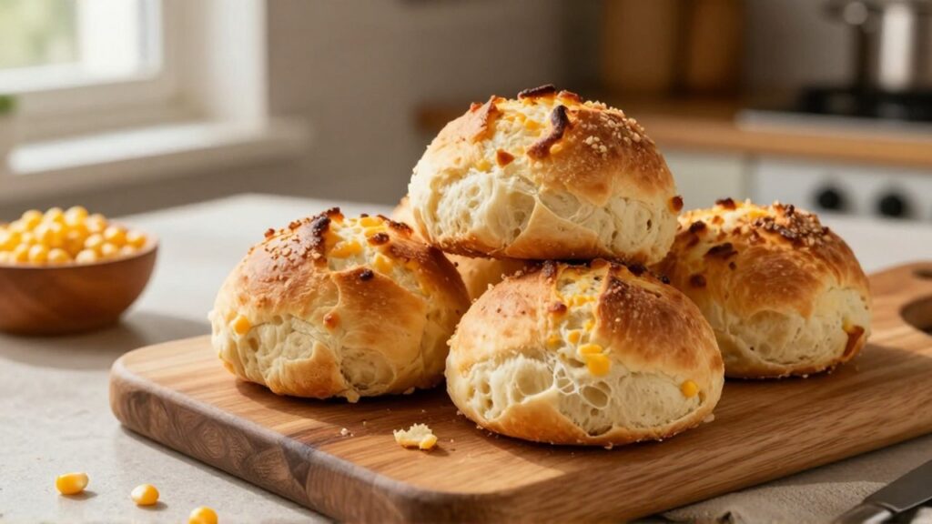 Freshly baked golden-brown cheese bread rolls rest on a wooden cutting board next to a small bowl of corn kernels.