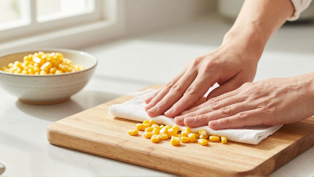 Hands pat dry bright yellow corn kernels with a white paper towel on a wooden cutting board.