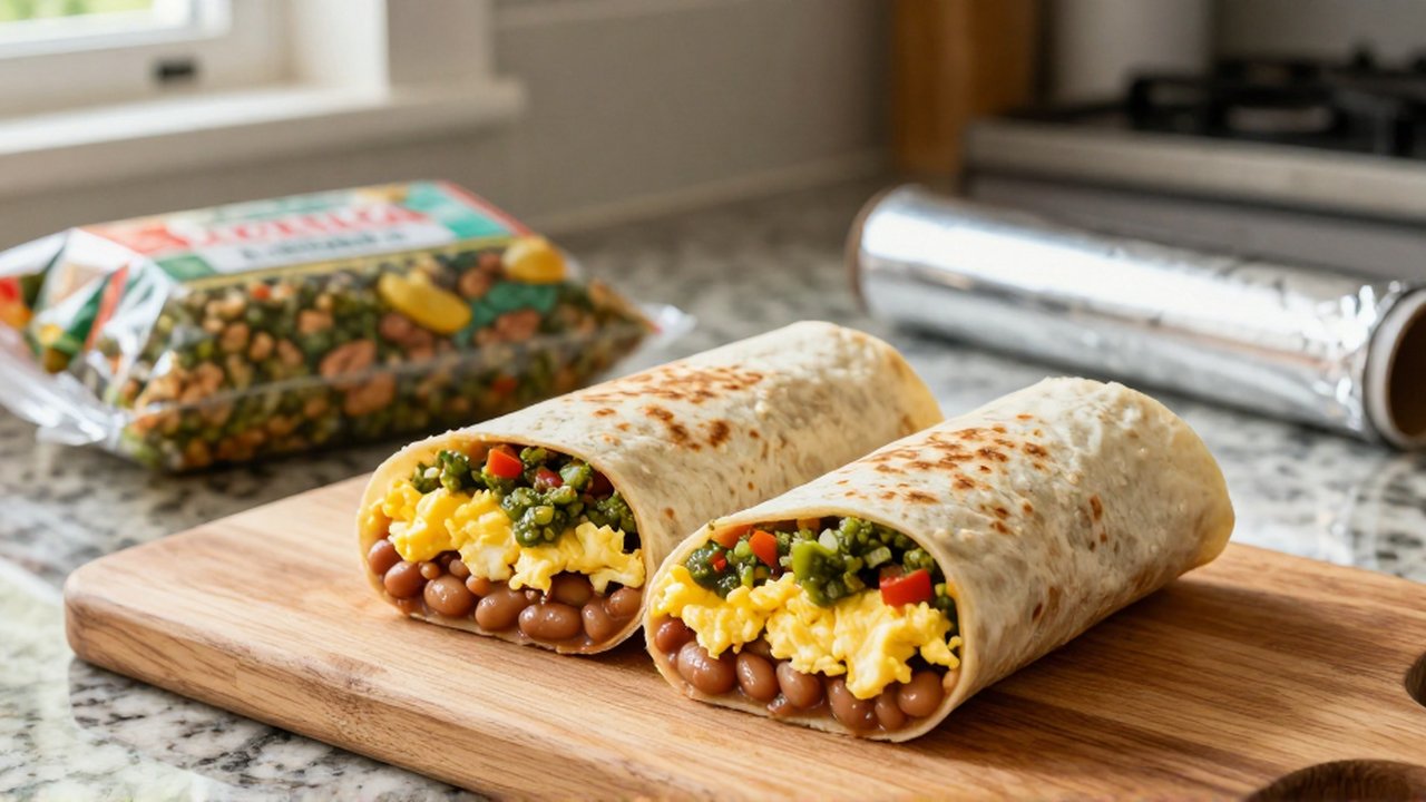 Two breakfast burritos showing layers of refried beans, scrambled eggs, and salsa verde on a wooden cutting board.