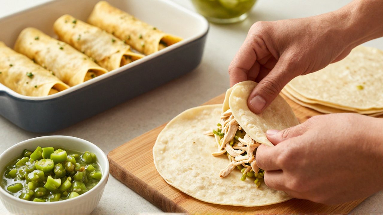 Hands roll a corn tortilla filled with shredded chicken and salsa verde on a countertop.