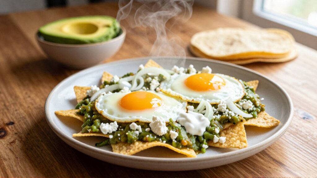 Chilaquiles verdes topped with two sunny-side-up eggs