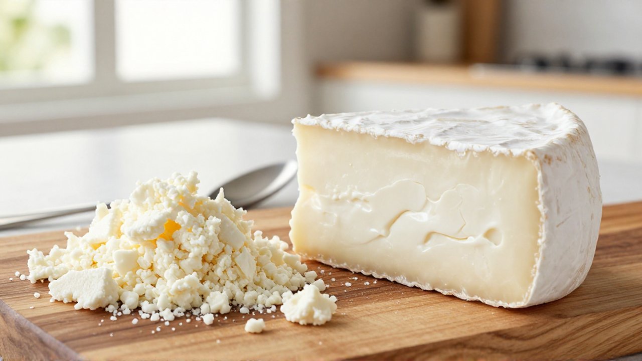 Dry, crumbly Cotija cheese sits beside a moist block of Queso Fresco on a wooden cutting board.