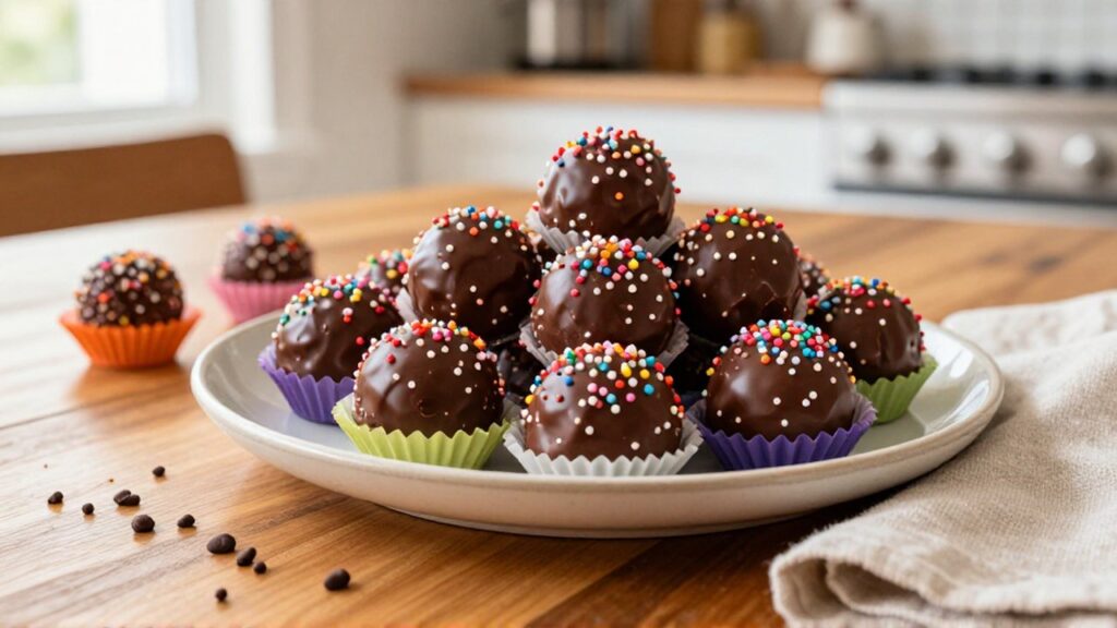 Glossy chocolate brigadeiros rolled in colorful sprinkles sit on a ceramic plate and paper liners on a wooden table.