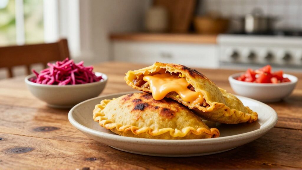 A stack of golden-brown cornmeal pupusas sits on a plate with curtido slaw and tomato salsa.