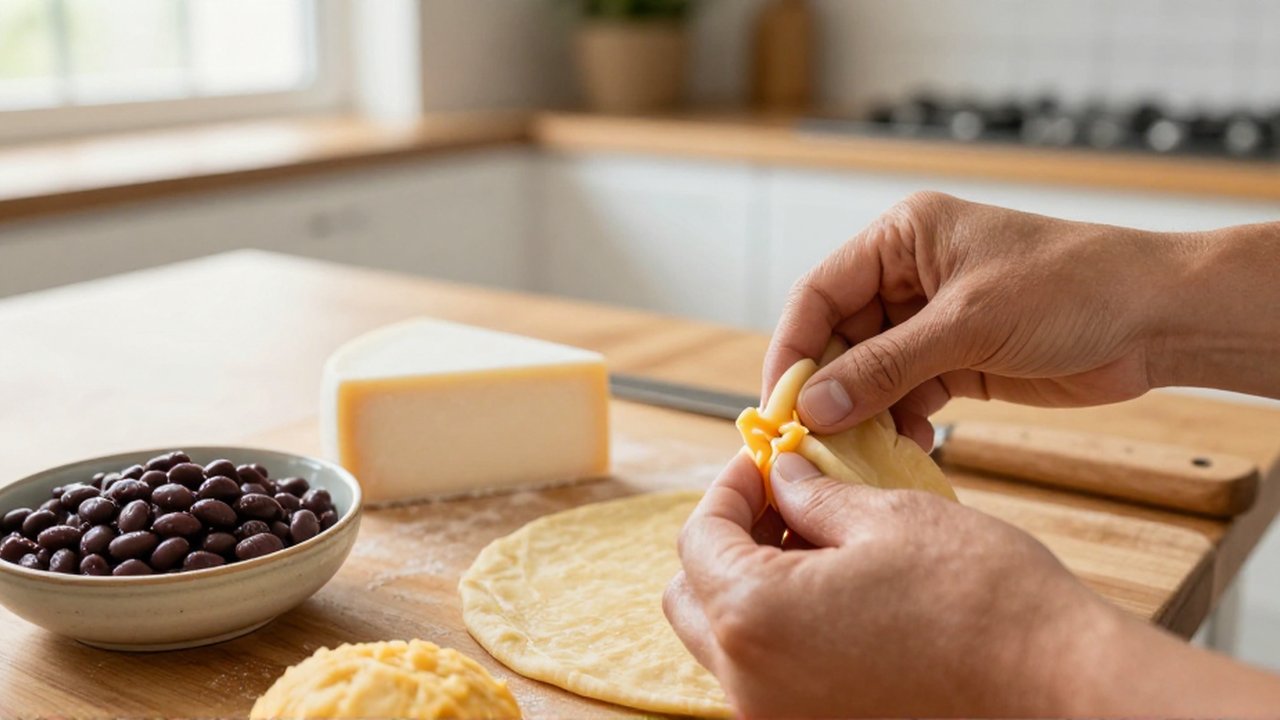 Hands patch a small crack in cornmeal pupusa dough with a morsel of masa on a wooden counter.