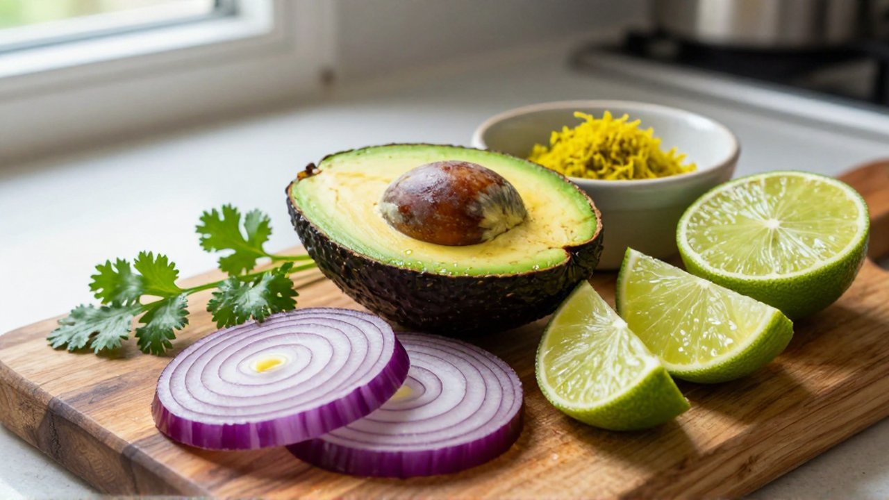 Halved Hass avocado, red onion rings, lime wedges, and cilantro lie on a wooden cutting board.