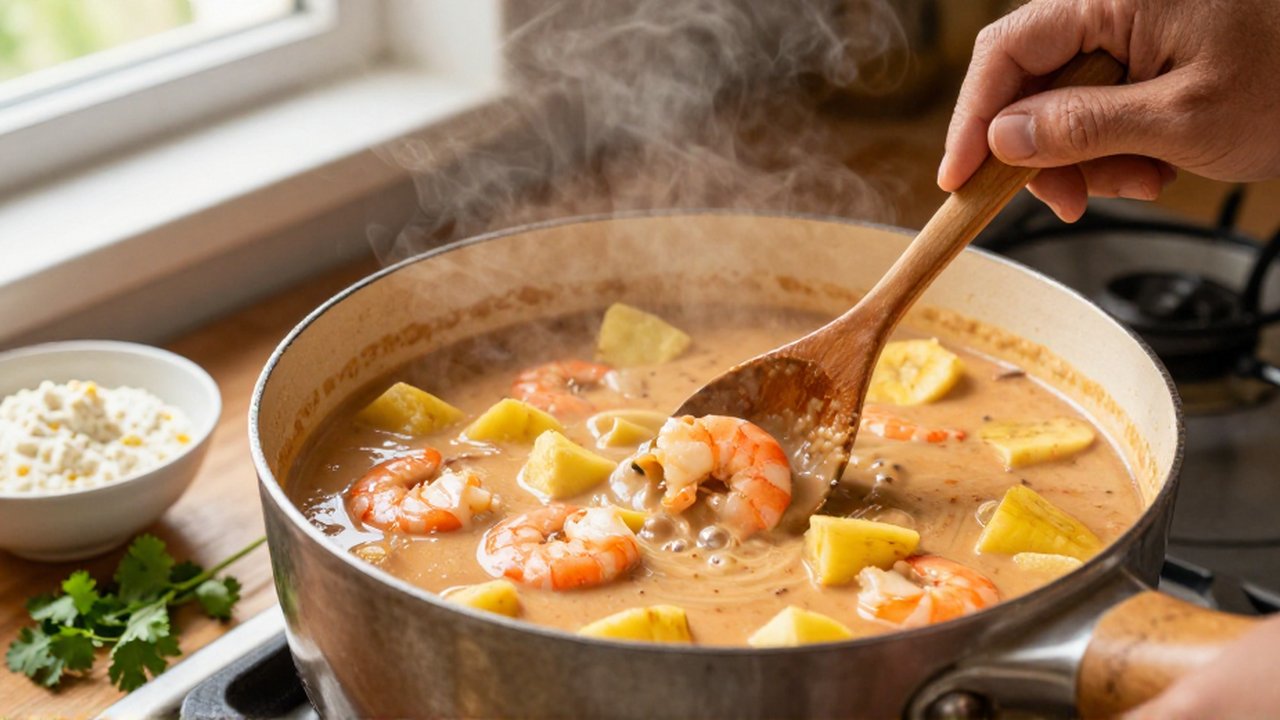 A hand uses a wooden spoon to stir shrimp, plantain, and potato soup in a ceramic pot.