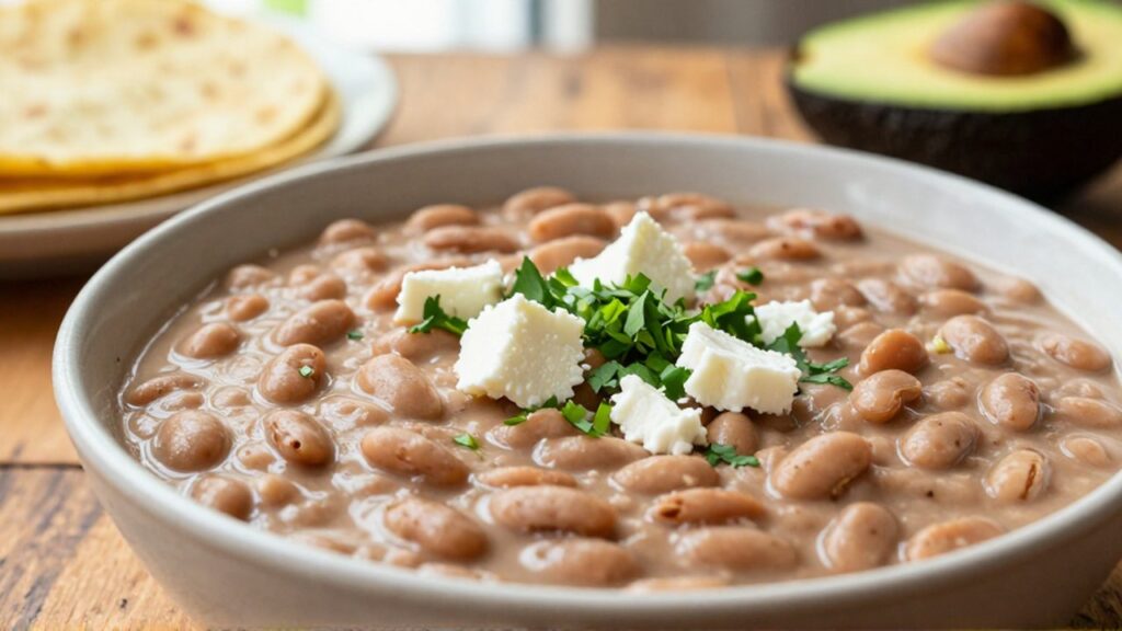 Creamy refried pinto beans topped with white cheese and cilantro sit in a ceramic bowl on a wooden table.