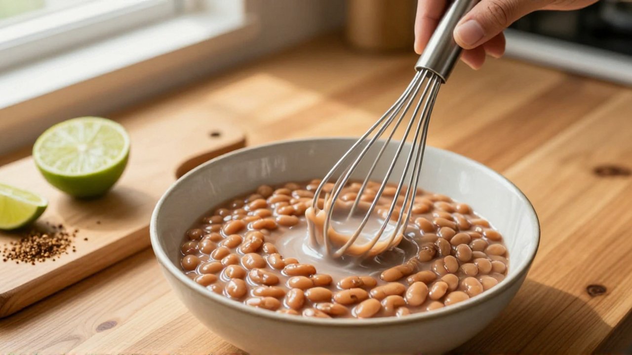 A hand uses a stainless steel whisk to stir milk into creamy refried pinto beans in a ceramic bowl.