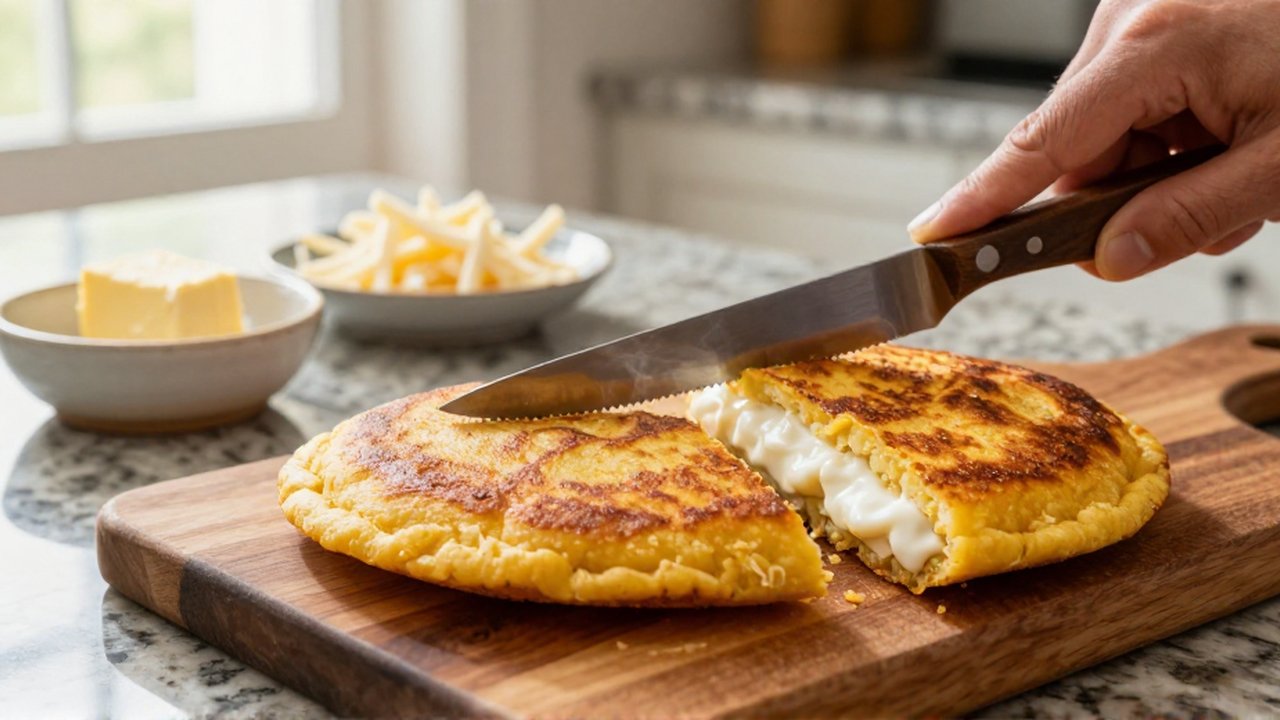 A serrated knife slices open golden-brown arepas on a wooden cutting board next to butter and cheese.