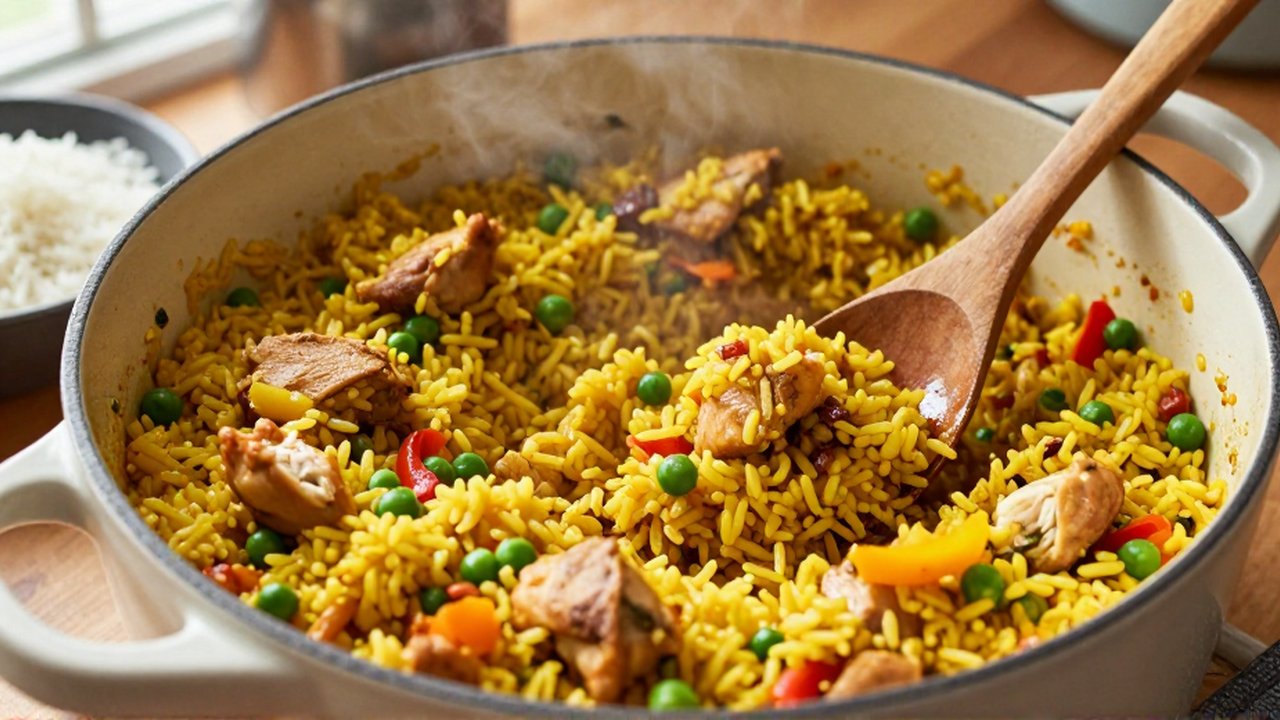 A wooden spoon lifts a portion of yellow rice with chicken, peas, and bell peppers from a ceramic pot.