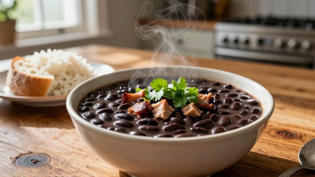 A steaming bowl of black bean soup topped with pork and cilantro sits on a wooden table next to white rice and bread.