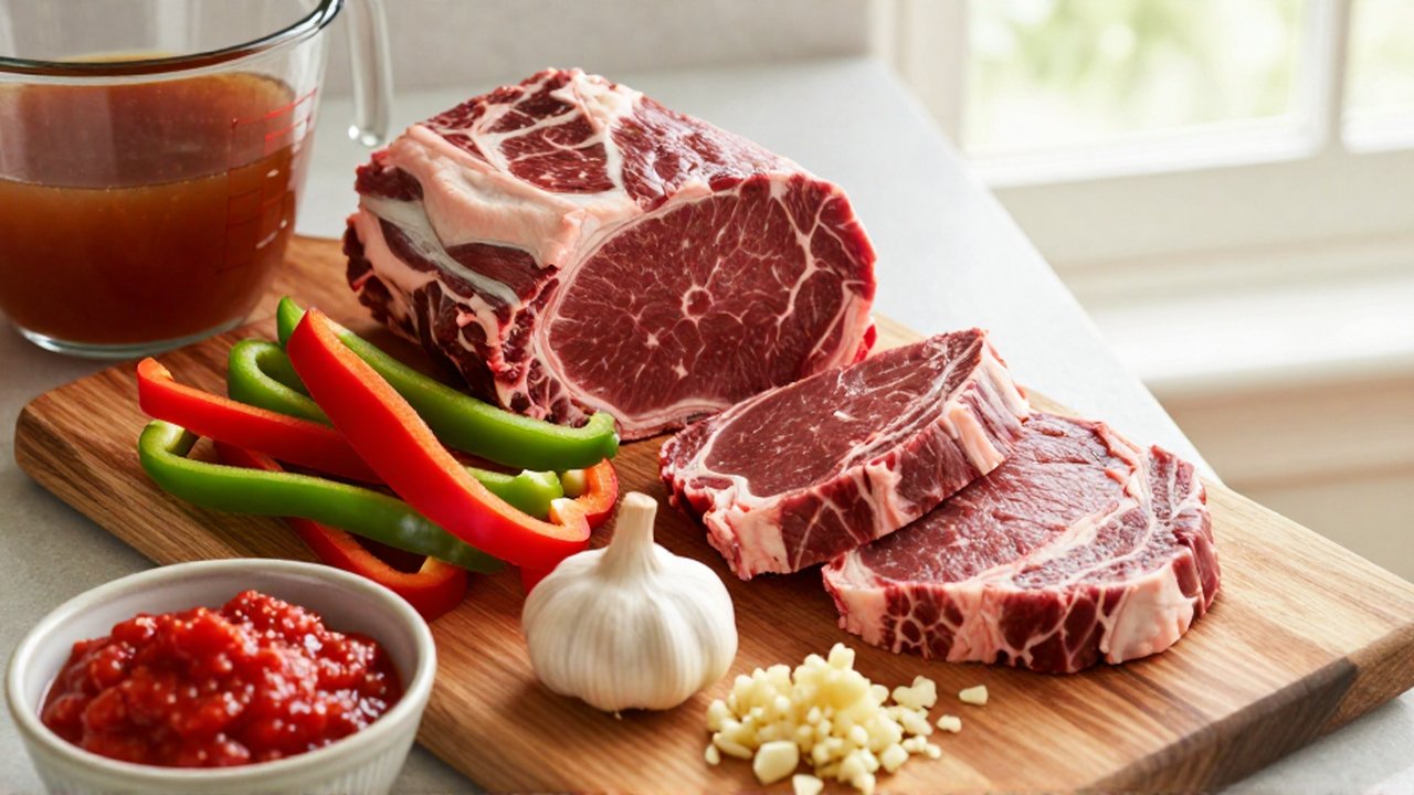 Raw beef chuck and sliced flank steak sit on a wooden board with bell pepper strips, garlic, tomato paste, and beef broth.