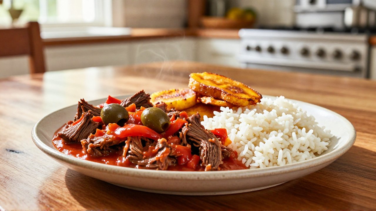 Shredded beef in tomato sauce with olives and peppers served with white rice and fried plantains.