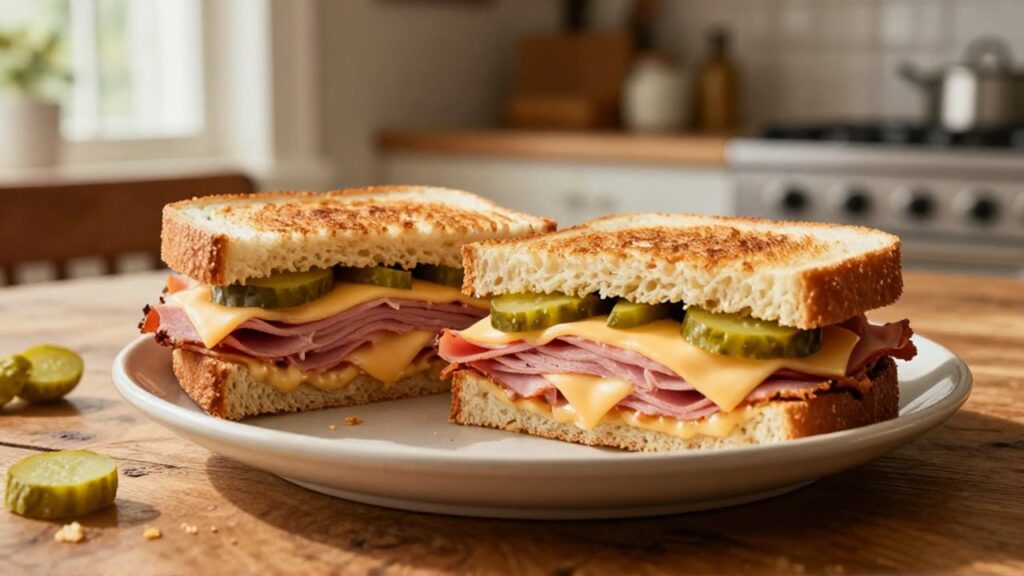 Two diagonally sliced ham and cheese sandwiches with melted Swiss cheese and pickles sit on a ceramic plate.