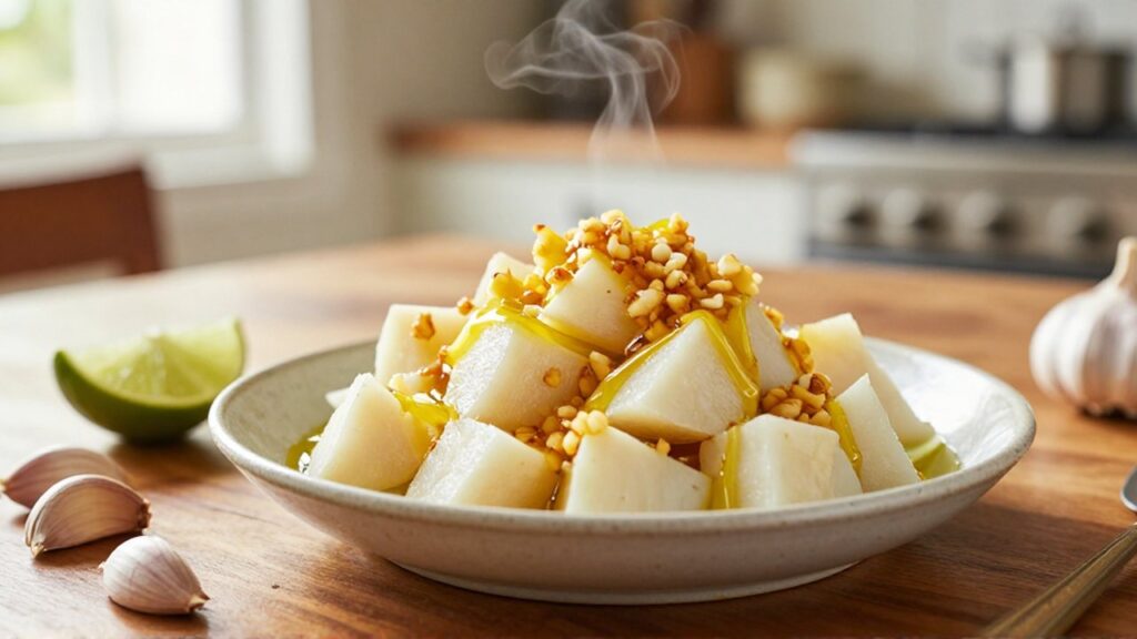Steaming boiled yuca pieces topped with garlic mojo sauce sit in a ceramic bowl on a wooden table.
