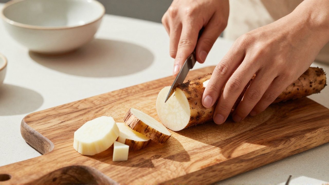 Hands use a knife to slice boiled yuca lengthwise on a wooden cutting board.