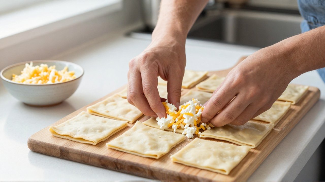 Hands fill squares of flaky puff pastry with crumbled white cheese on a wooden cutting board.