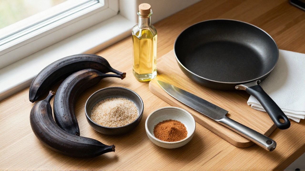 Ripe plantains, a bowl of cinnamon sugar, vegetable oil, a skillet, and a knife lie on a wooden counter.