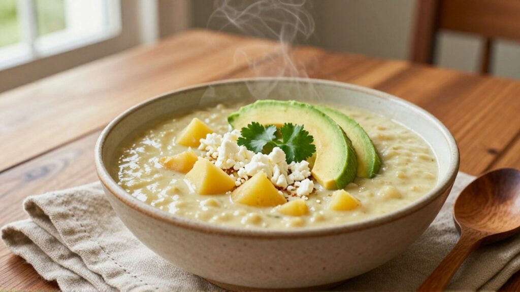 A bowl of creamy potato soup garnished with cheese