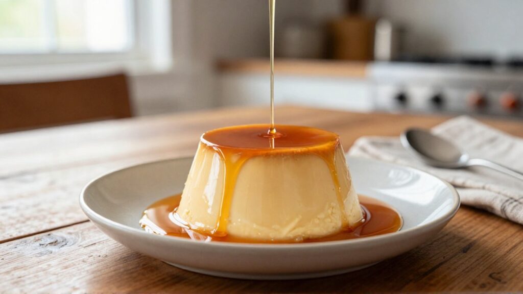 Golden caramel sauce cascades down the sides of a creamy flan on a ceramic dish.