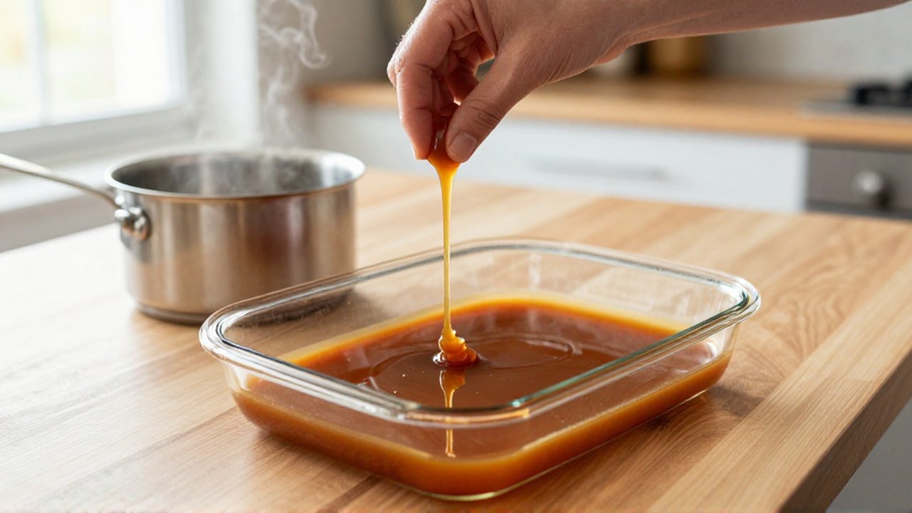 A person's hand swirls amber caramel sauce around the bottom of a clear glass baking dish.