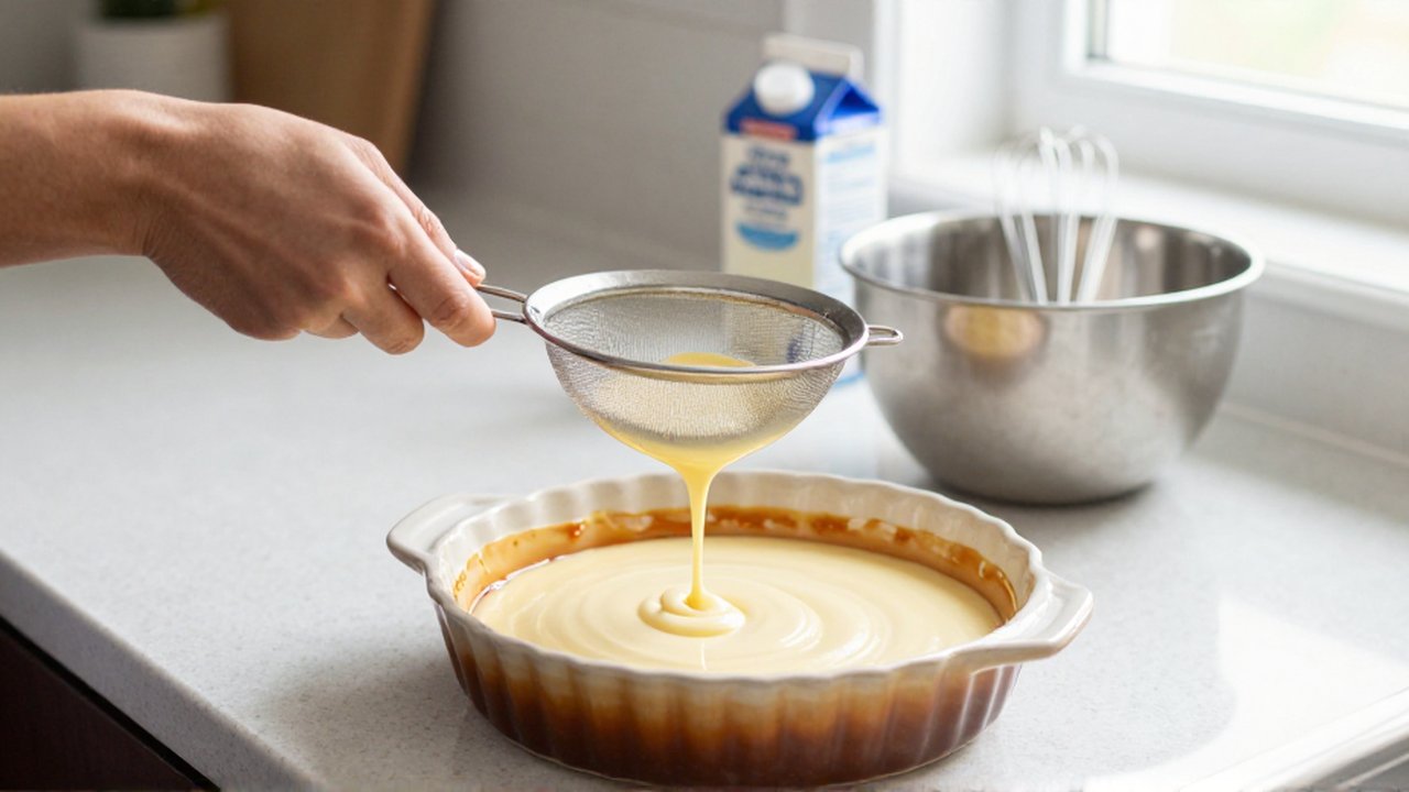 Hands pour pale custard through a fine-mesh sieve into a ceramic dish with amber caramel.