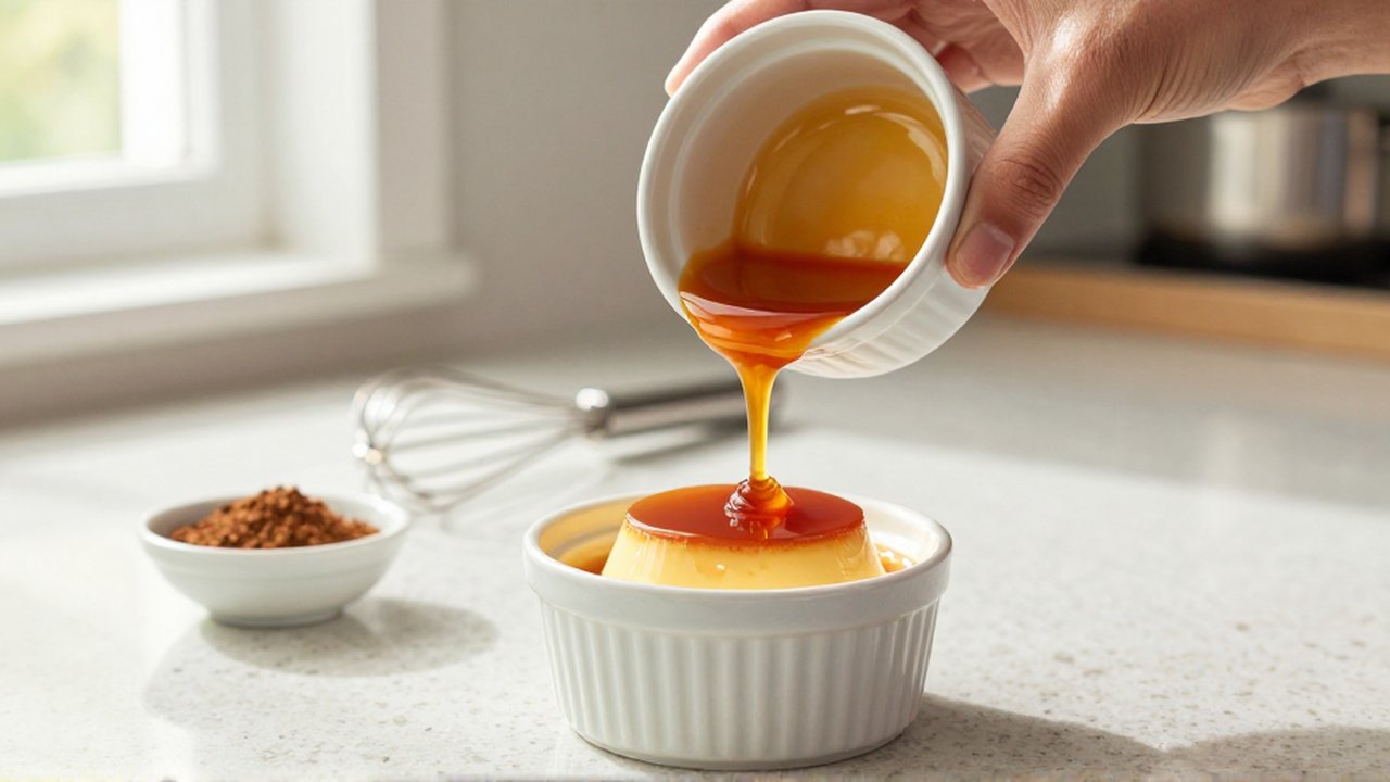 A hand pours glossy amber caramel sauce from a ceramic ramekin over a pale yellow flan.