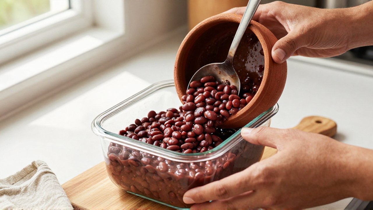 Hands use a ladle to transfer thick red bean stew from a clay pot into a glass container.