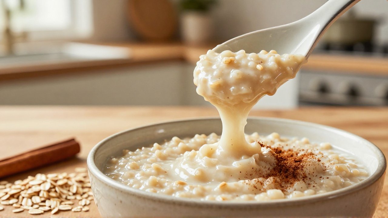 A large ceramic spoon lifts thick, creamy oatmeal from a shallow bowl on a wooden counter.
