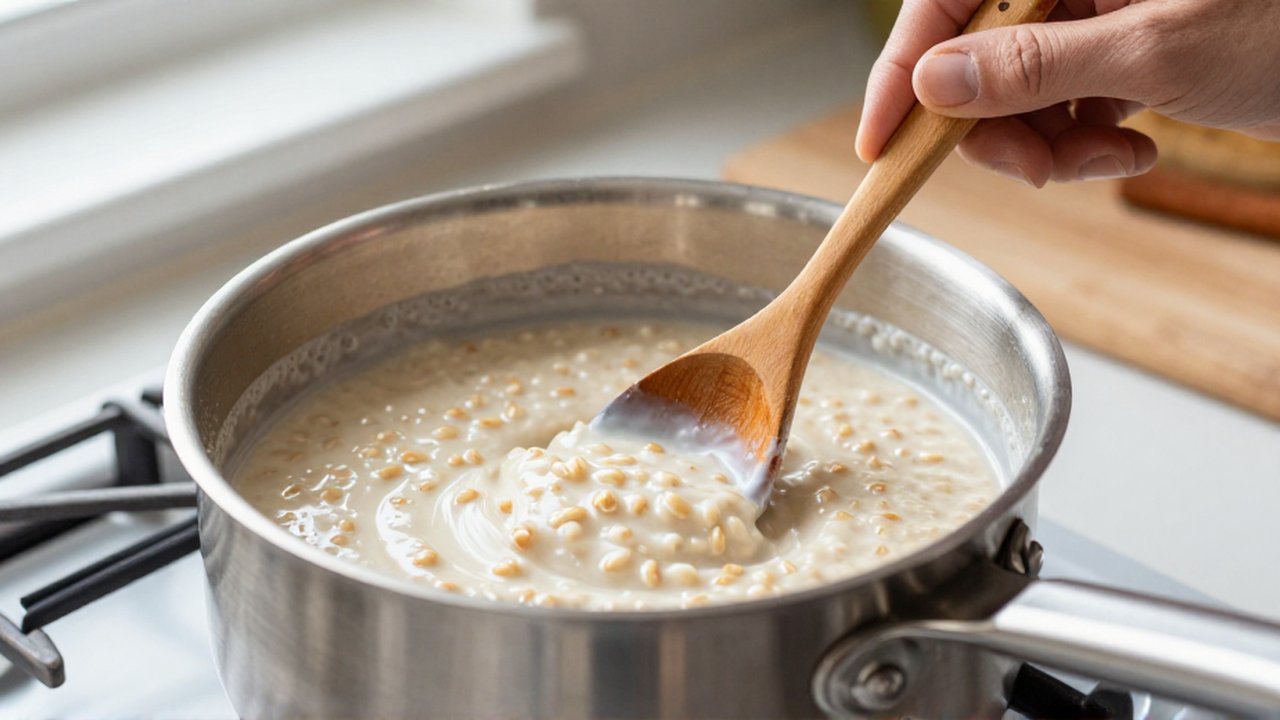 A hand uses a wooden spoon to stir creamy oatmeal with a cinnamon stick in a stainless steel saucepan.