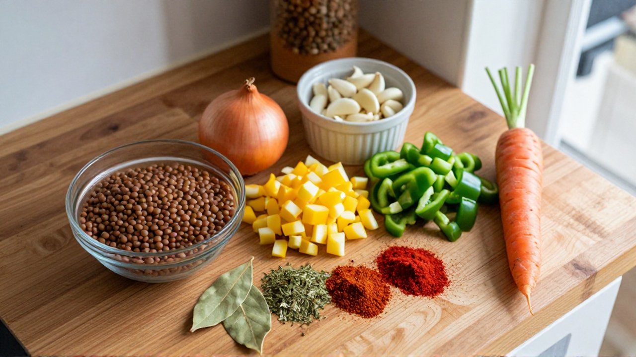 Raw ingredients for lentil stew, including lentils, diced vegetables, and spices, are arranged on a wooden counter.