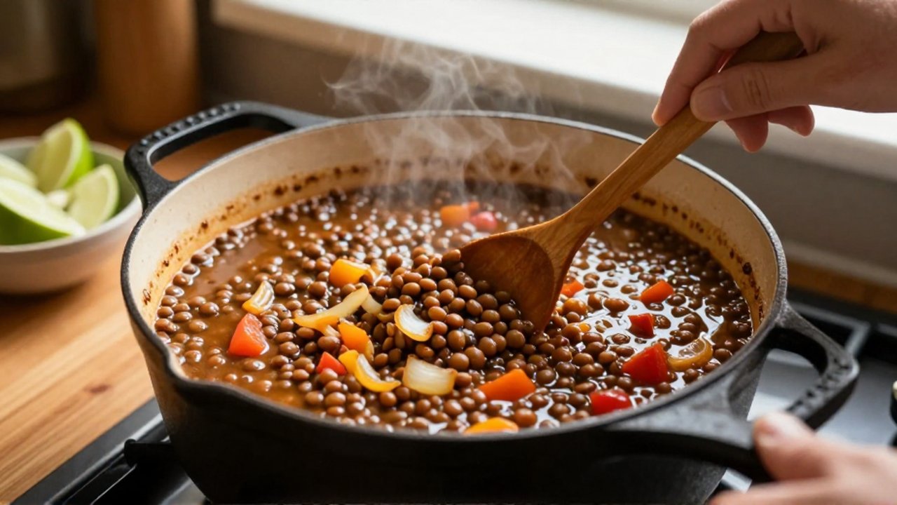 A hand stirs a thick lentil stew with a wooden spoon in a cast-iron pot.