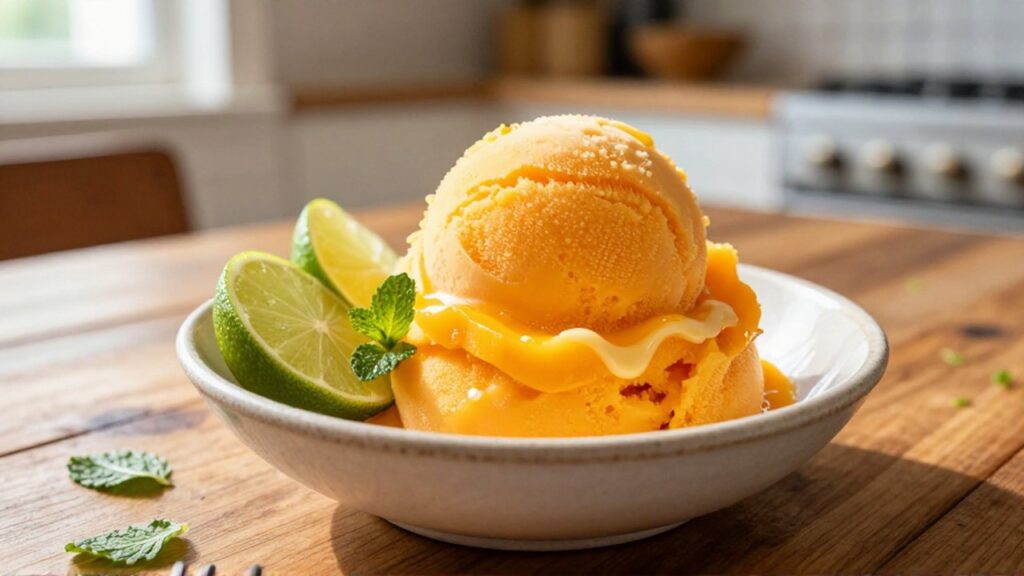 Vibrant mango sorbet garnished with lime wedges and mint leaves sits in a ceramic bowl on a wooden table.