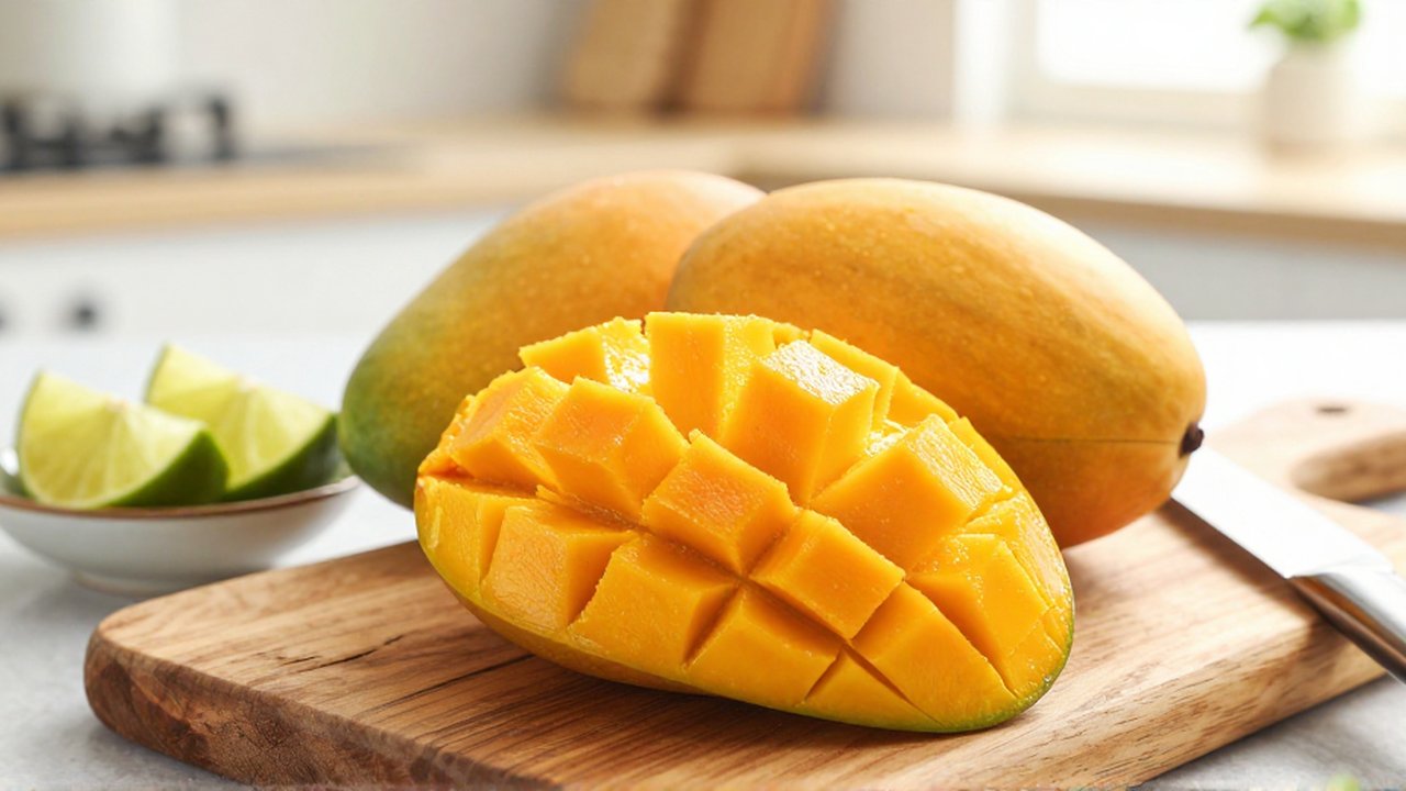 Sliced Kent mango with vibrant orange flesh rests on a wooden board alongside Ataulfo mangoes and lime wedges.