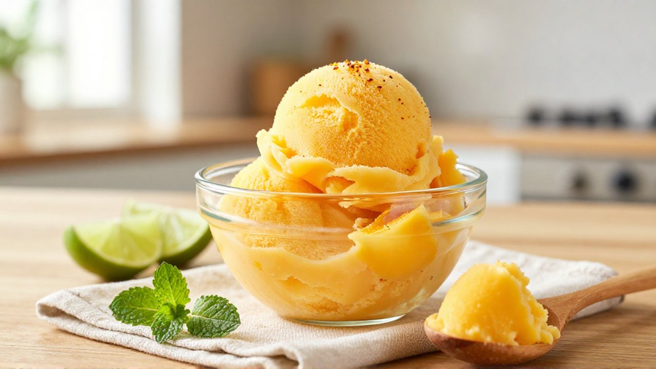 A clear glass bowl of mango sorbet dusted with chili lime seasoning sits on a wooden countertop next to a small wooden spoon.