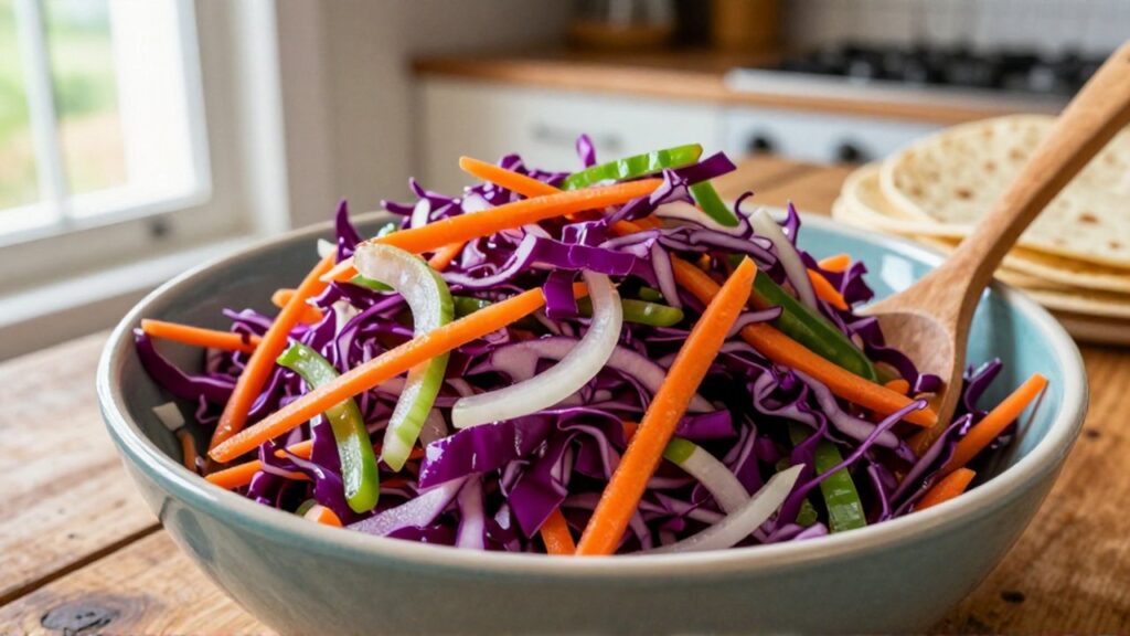 A wooden spoon lifts shredded cabbage