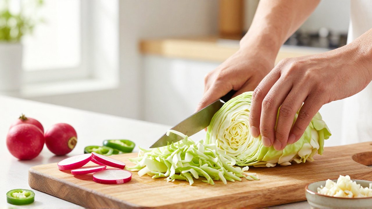 Hands use a sharp knife to finely shred green cabbage on a wooden cutting board next to sliced radishes and jalapeños.