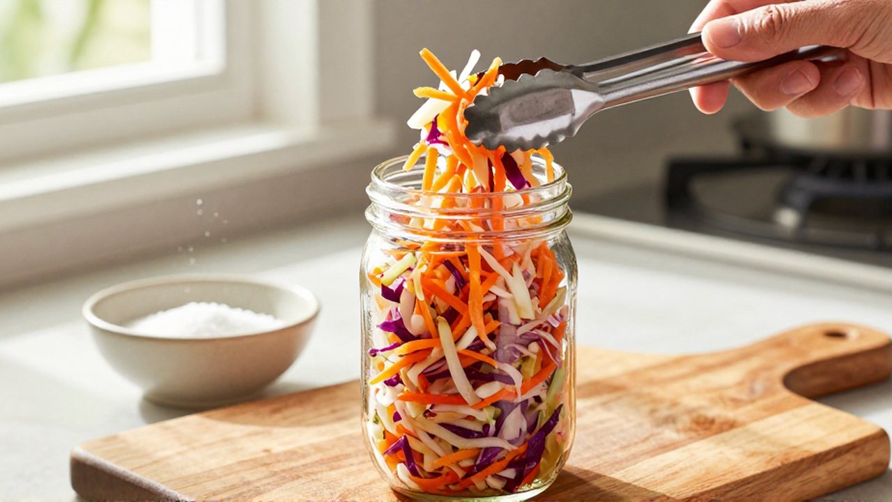 Metal tongs lift shredded pickled cabbage, carrots, and onions from a glass mason jar.