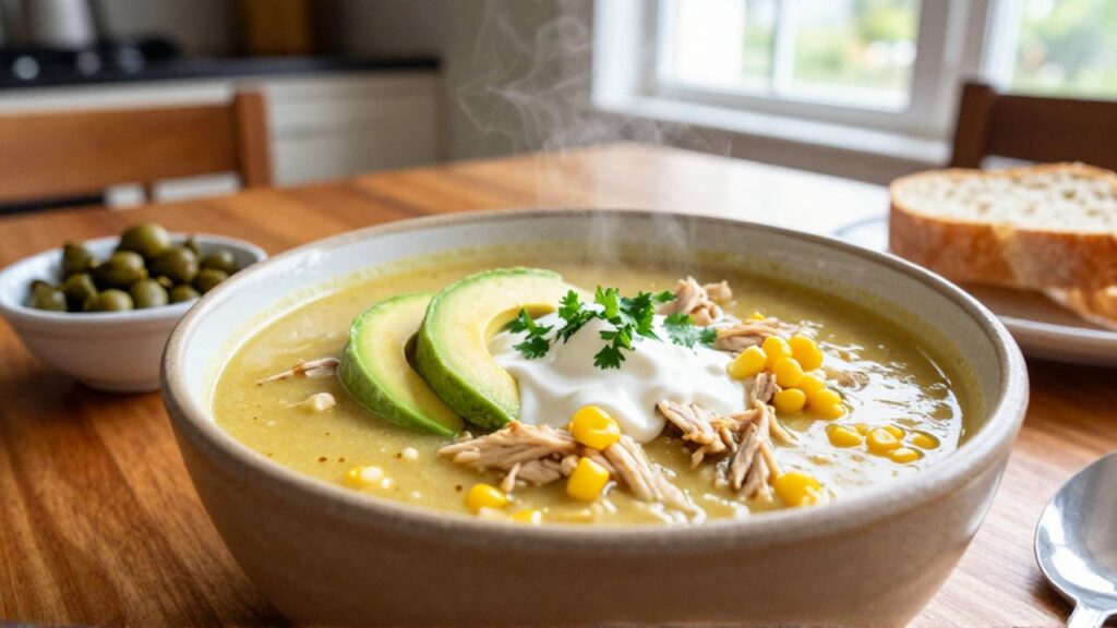 A steaming bowl of chicken soup topped with avocado