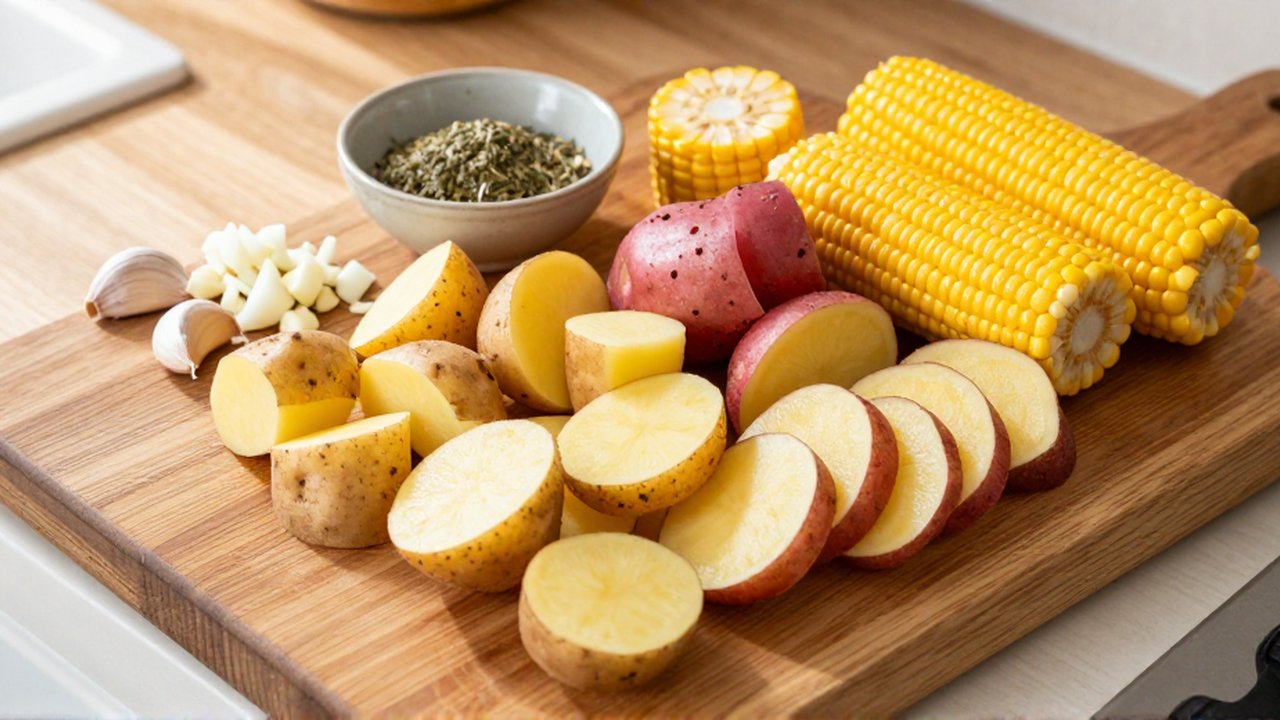 Various potato chunks, corn on the cob, diced onion, and garlic are arranged on a wooden counter.