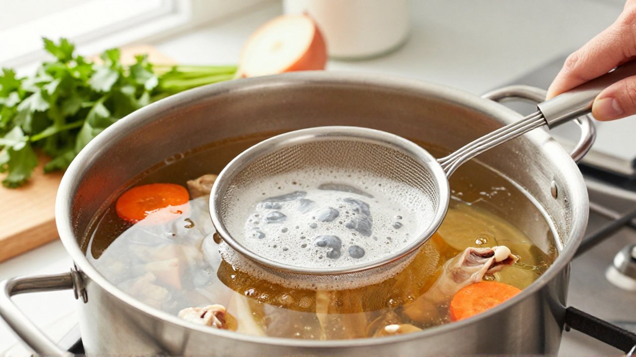 Hands use a stainless steel skimmer to remove gray foam from simmering amber chicken broth.