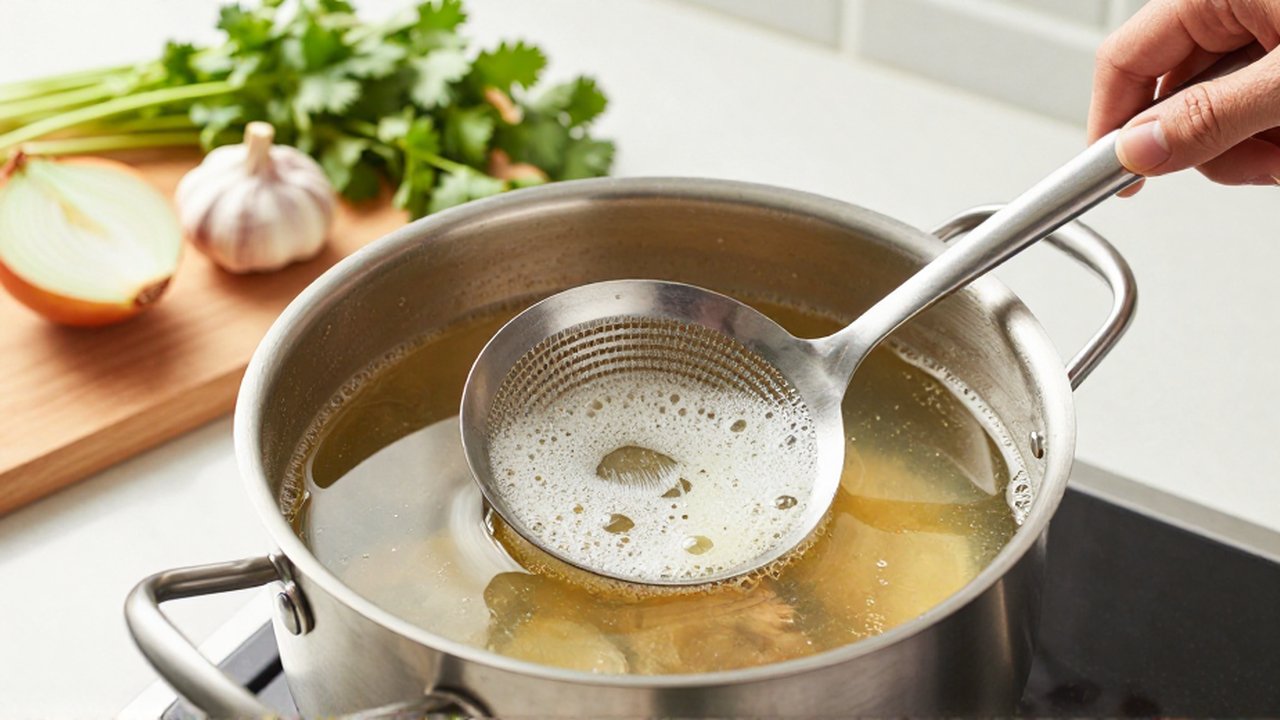 A hand uses a metal skimmer to remove foam from simmering golden consomé in a pot.