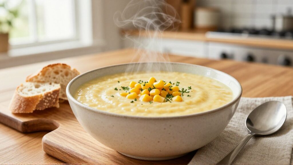 A steaming bowl of creamy corn chowder garnished with herbs sits on a wooden table next to crusty bread.